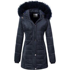Women's Quilted Puffer Jacket Coat Navy Blue Warm Winter Button Faux Fur Hood